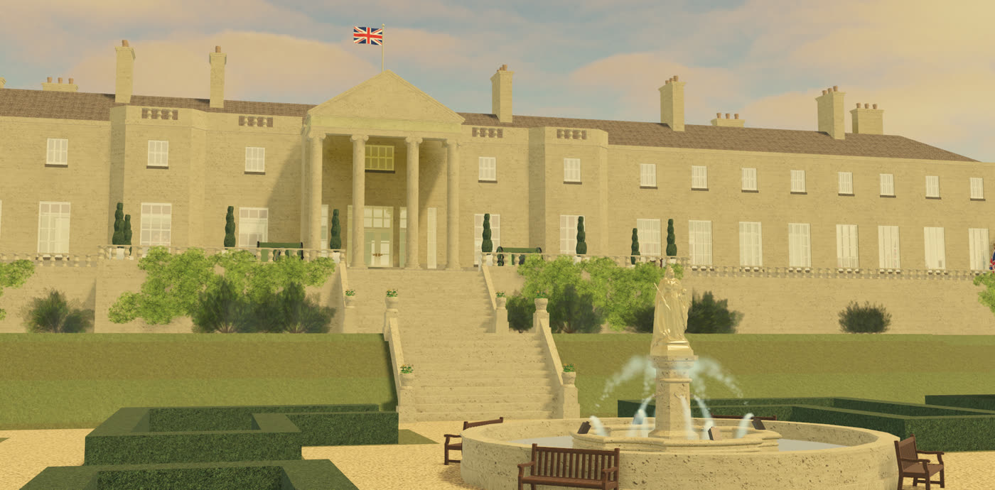 The Hillsborough Castle map: a long cream mansion with a fountain and gardens in front