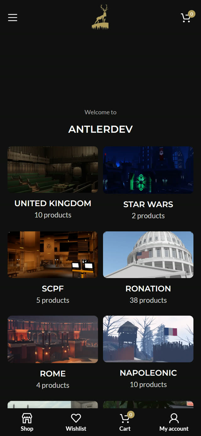 The Antler Dev shop on a phone: map styles in a two-column grid with how many maps each one has