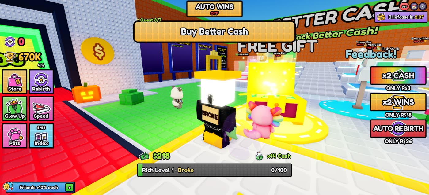 +1 Cash Grab on PC: the HUD with menu tiles, quest bar, pass buttons and Rich Level bar next to the Free Gift chest