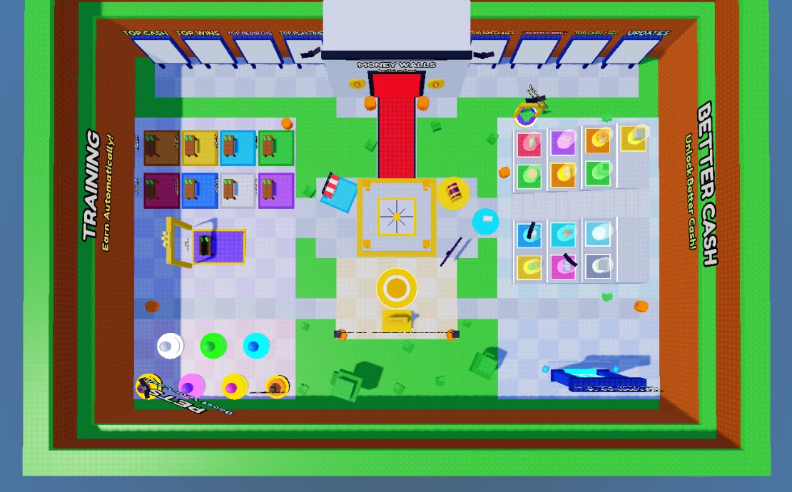 World 1 seen from above: training tables, Better Cash stairs, egg stands and the money-wall corridor
