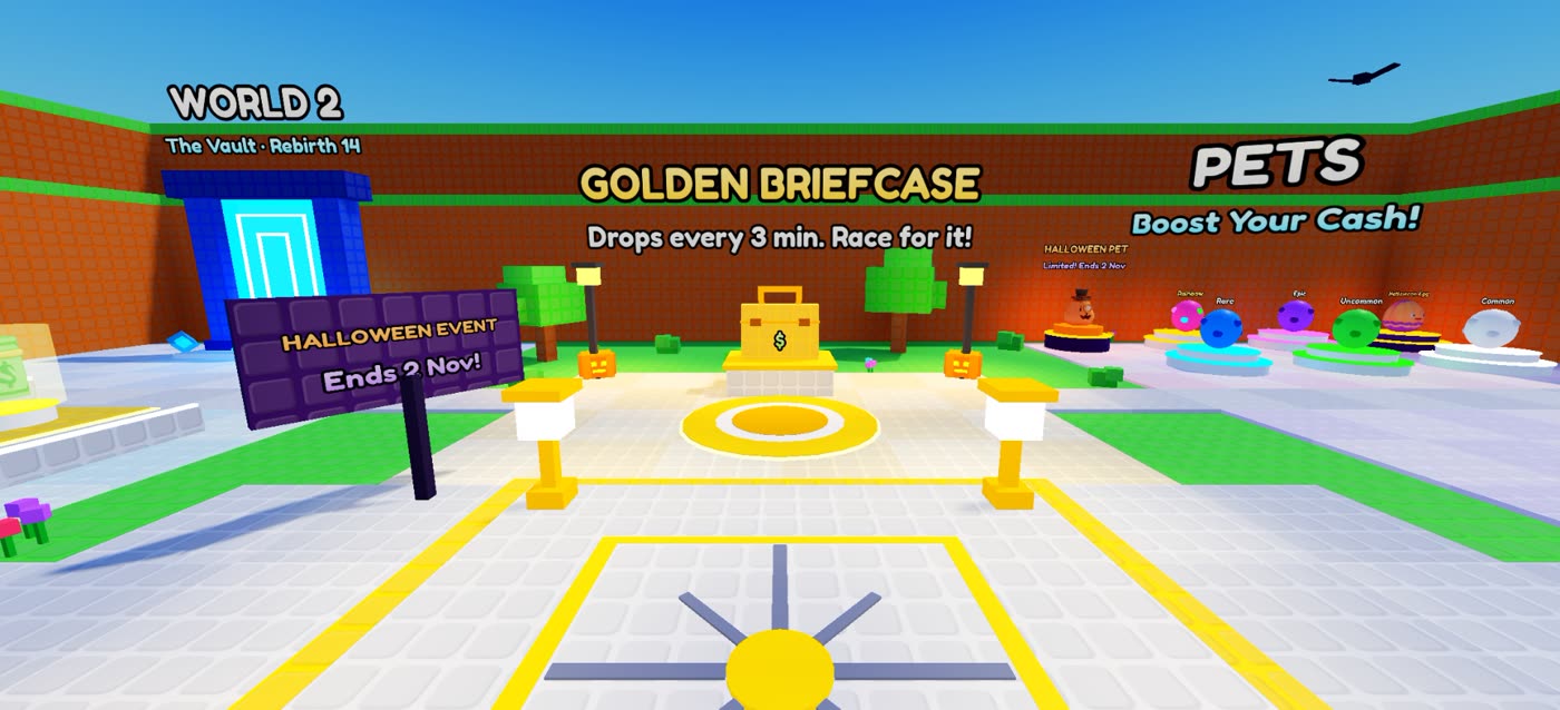 The Golden Briefcase plaza with the World 2 portal and the pets area