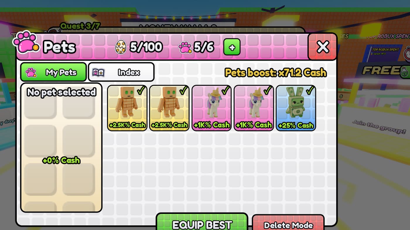 The Pets window with five equipped pets and their cash boosts