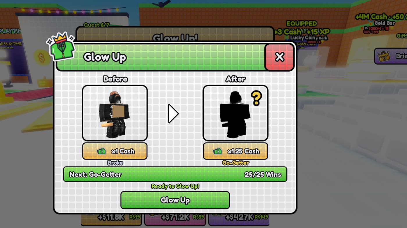 The Glow Up window: your avatar before and a hidden new look after, with the wins needed