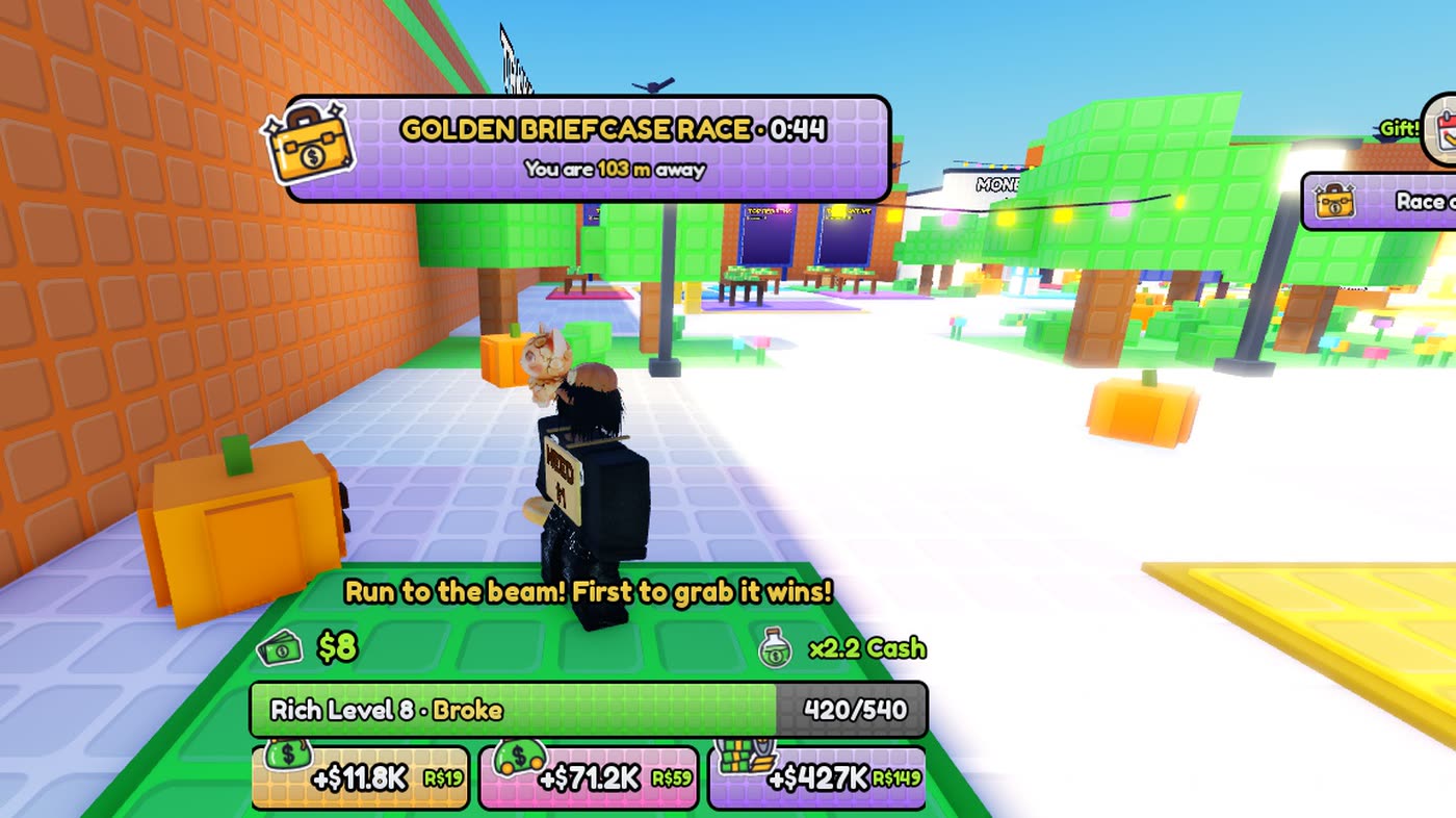 The GOLDEN BRIEFCASE RACE banner with the distance to the briefcase while the player runs