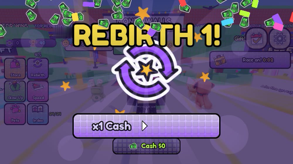 The REBIRTH 1! pop-up with cash raining down and the new x1 Cash multiplier