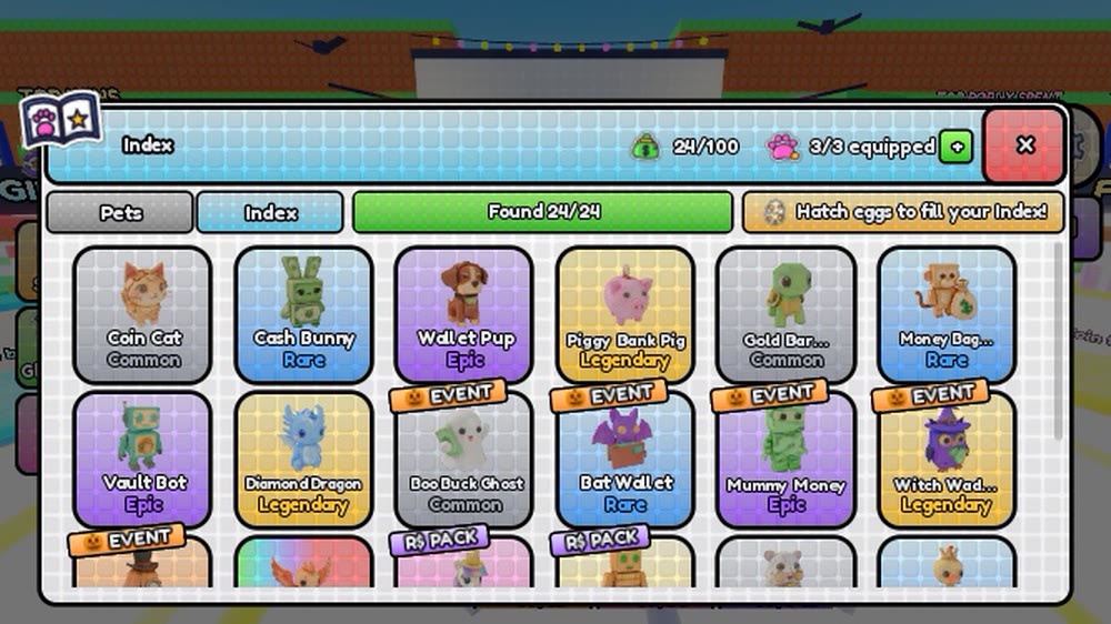 The pet Index showing all 24 pets found, with rarity labels and event pets