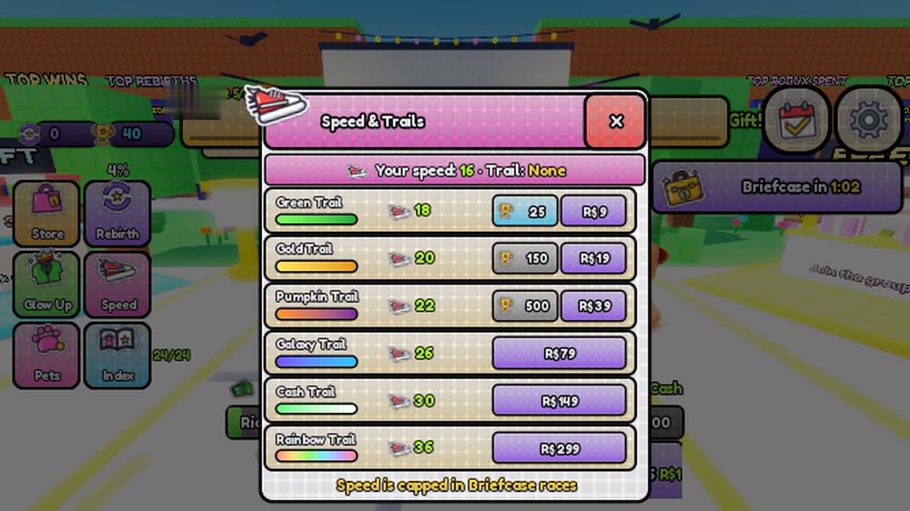 The Speed and Trails window listing trails with their speed and price