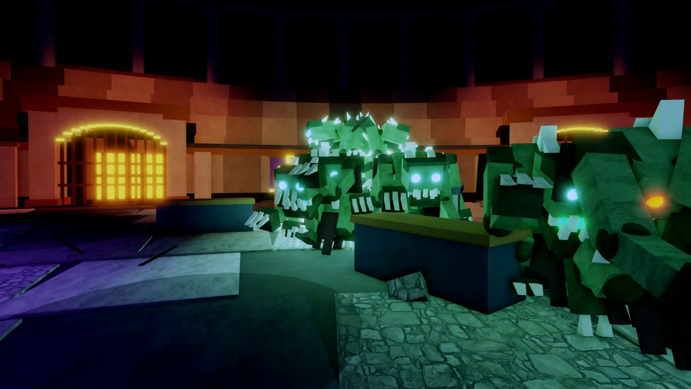 A pack of green Ghouls with glowing eyes coming across the arena