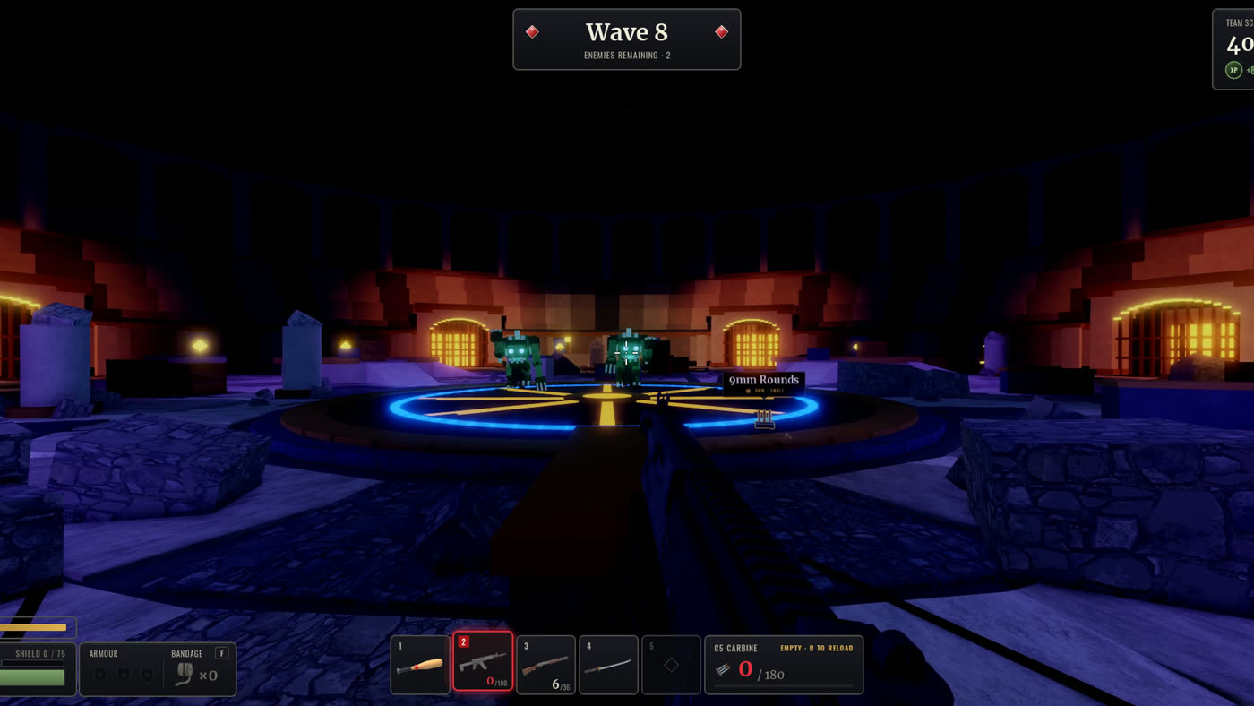 First-person view at wave 8 with the wave card, hotbar and ammo plate on screen