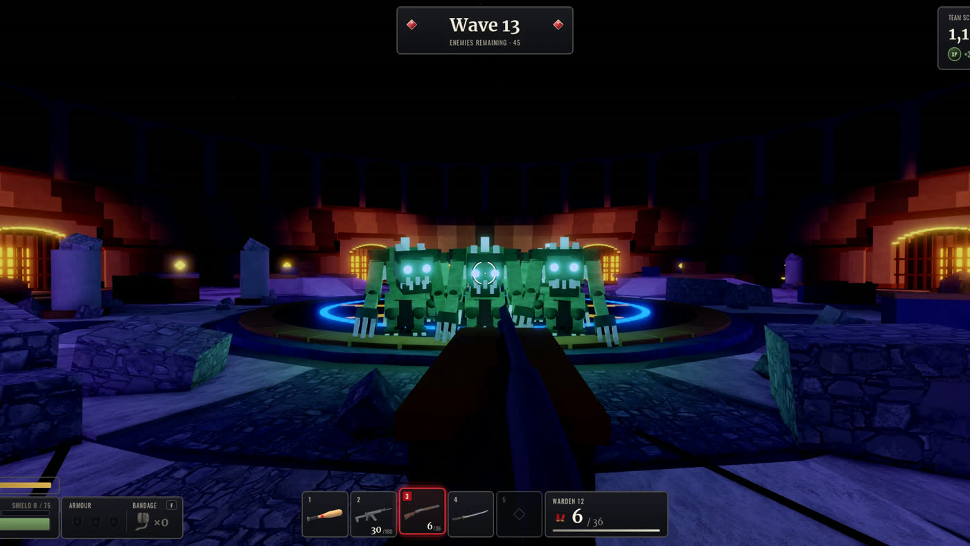 First-person shotgun aimed at a line of Ghouls on the centre pad, wave 13
