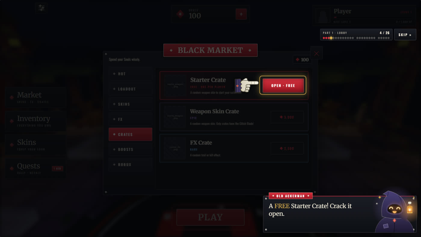 The Black Market's Crates tab with a spotlight and pointing hand on the free Starter Crate's OPEN button