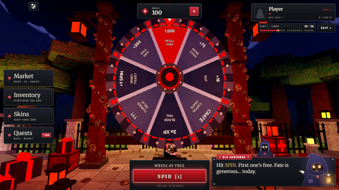 The Wheel of Fate with the SPIN bar and Old Ackerman saying the first spin is free