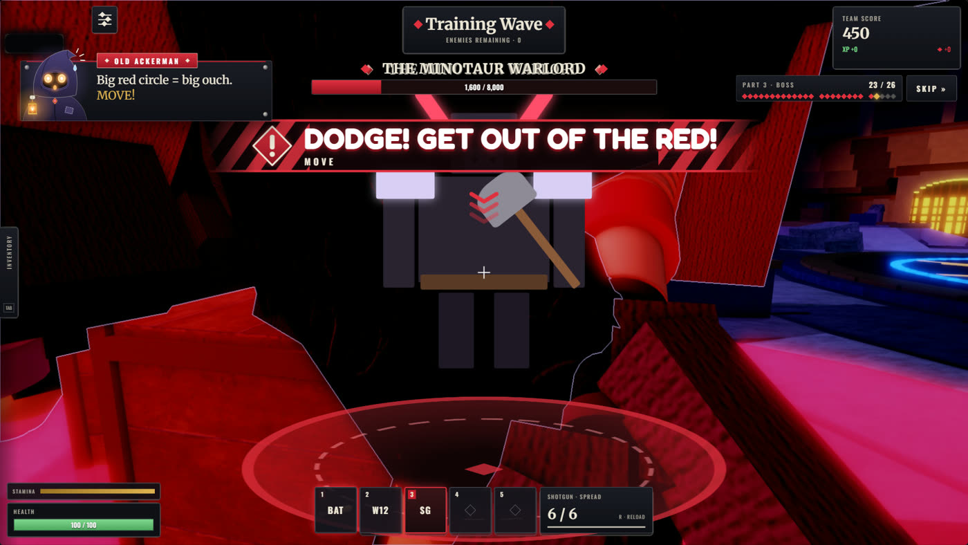 The Minotaur Warlord winding up a Ground Slam with a red circle on the floor and the callout 'DODGE! GET OUT OF THE RED!'