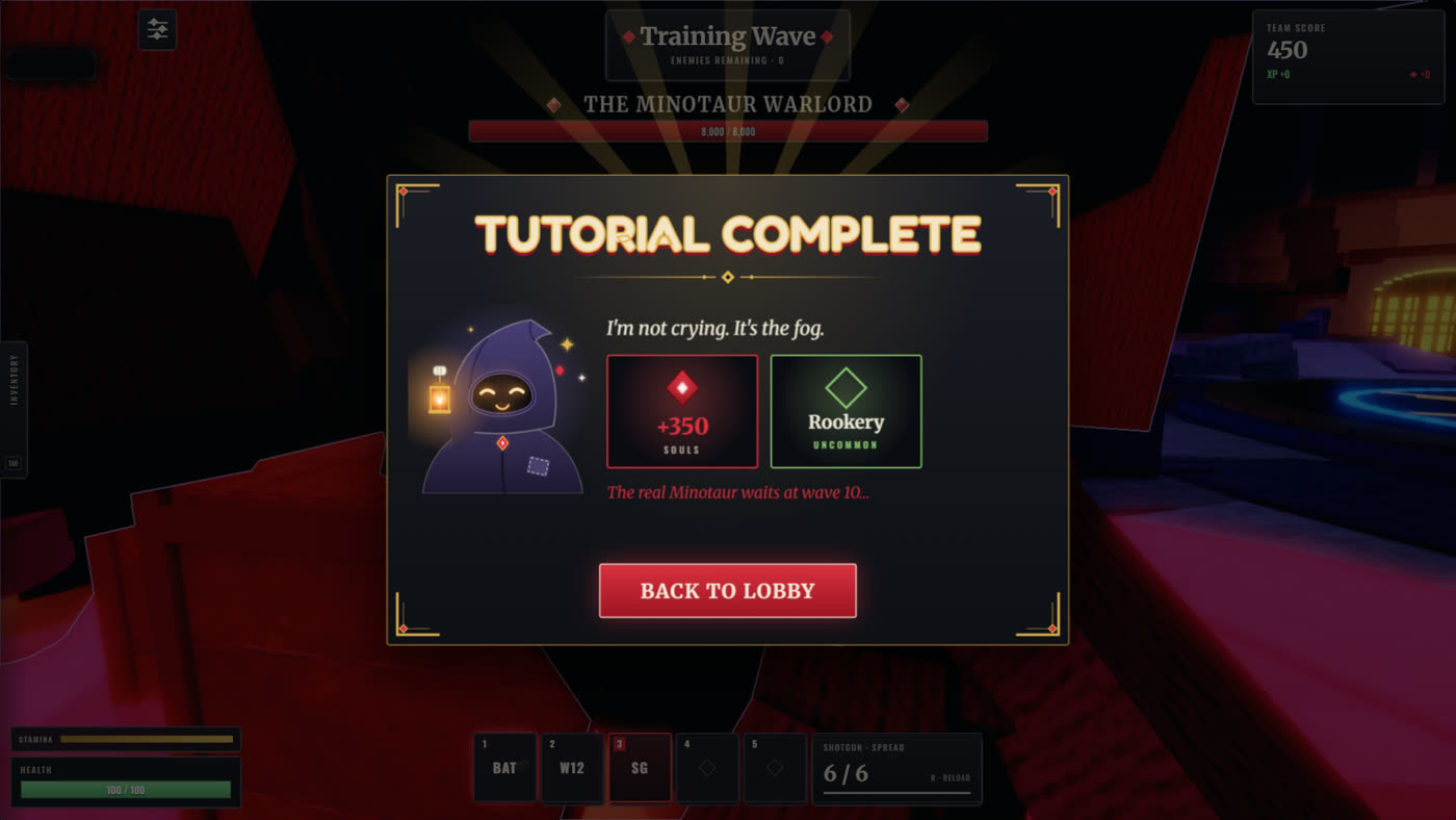 The TUTORIAL COMPLETE card with the Souls earned, the Starter Crate skin and a BACK TO LOBBY button