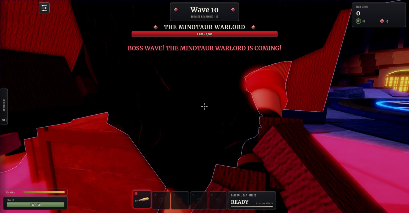 Wave 10 with the Minotaur Warlord's boss bar and the warning BOSS WAVE! THE MINOTAUR WARLORD IS COMING!