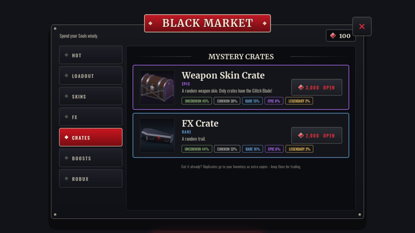 The Black Market's Crates tab with the Weapon Skin Crate and the FX Crate and their drop chances