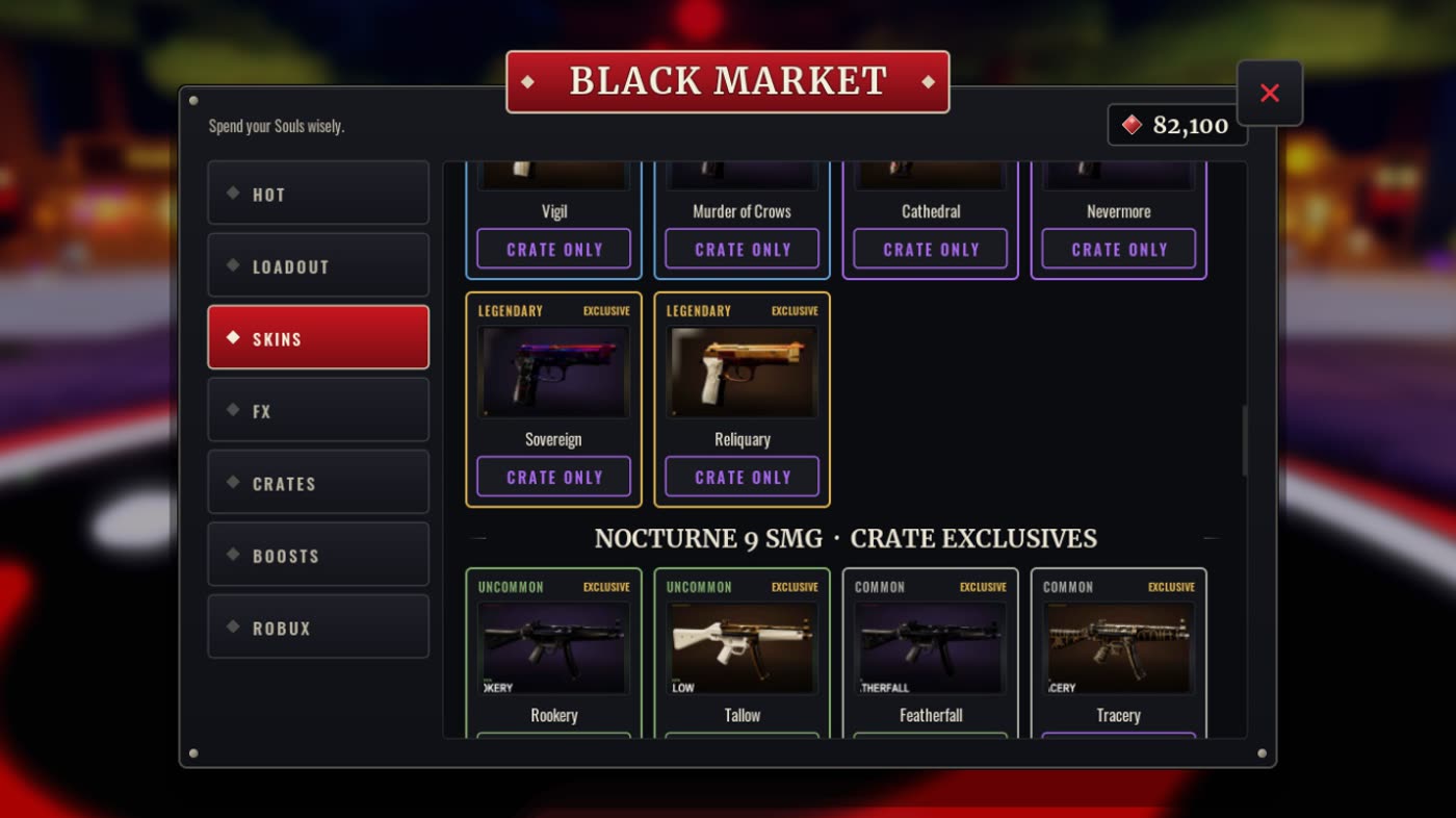 The Black Market's Skins tab with crate-only weapon skins for the Nocturne 9 SMG