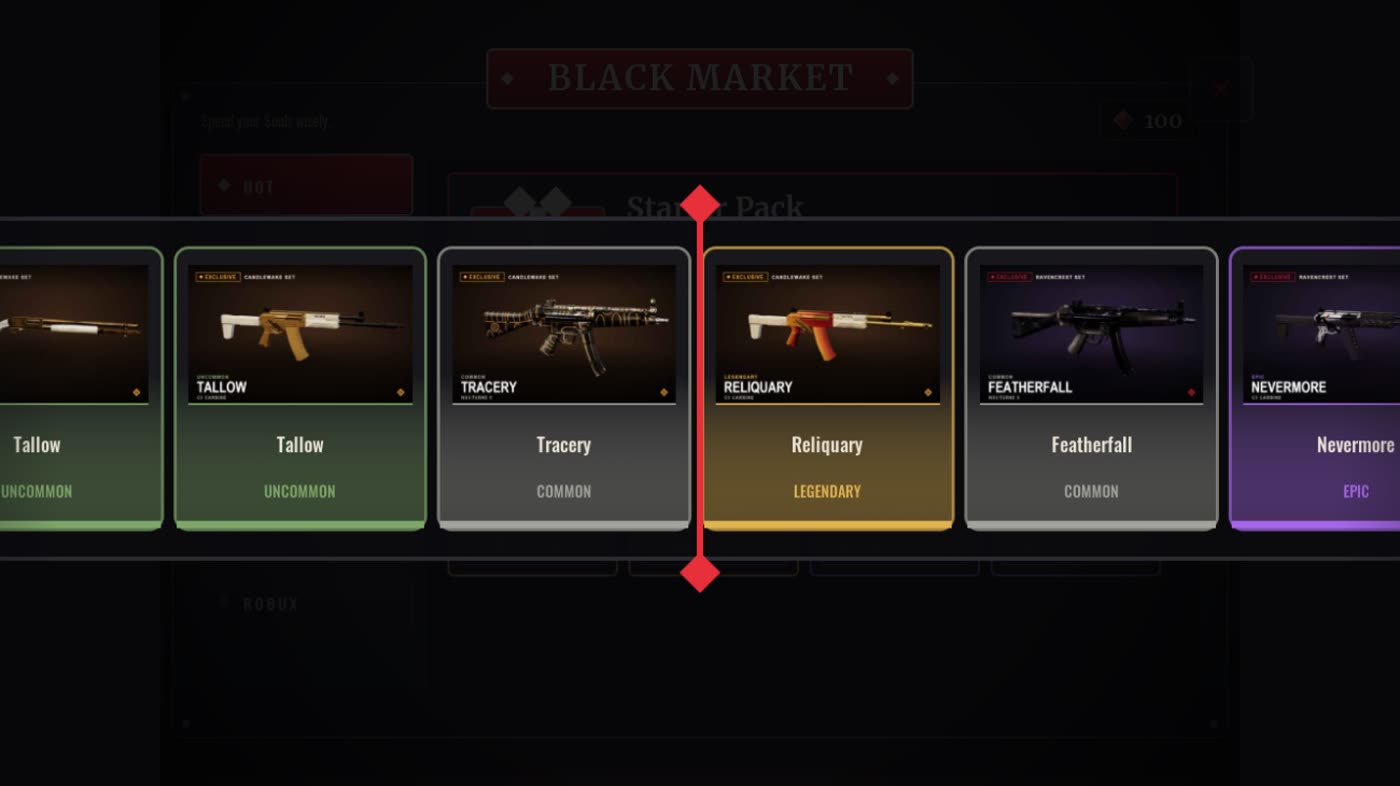 The crate reveal strip rolling through weapon skins, stopping on a Legendary Reliquary