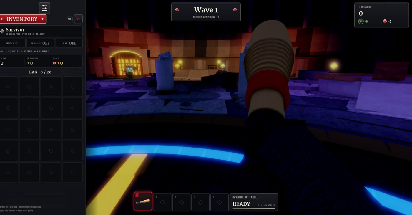 The inventory panel open on the left with the class, boosts, run stats and a 20-slot bag