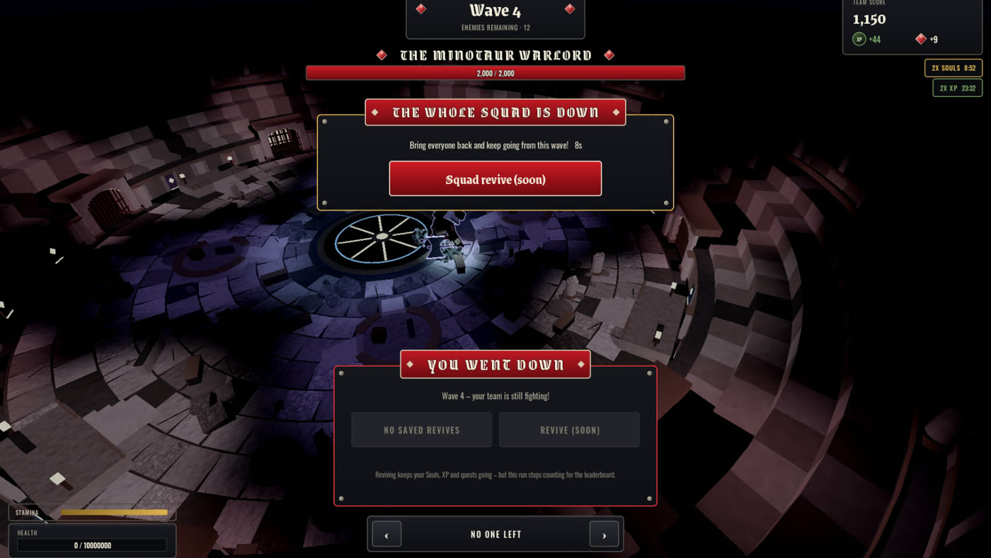 THE WHOLE SQUAD IS DOWN and YOU WENT DOWN panels over the arena during the boss fight