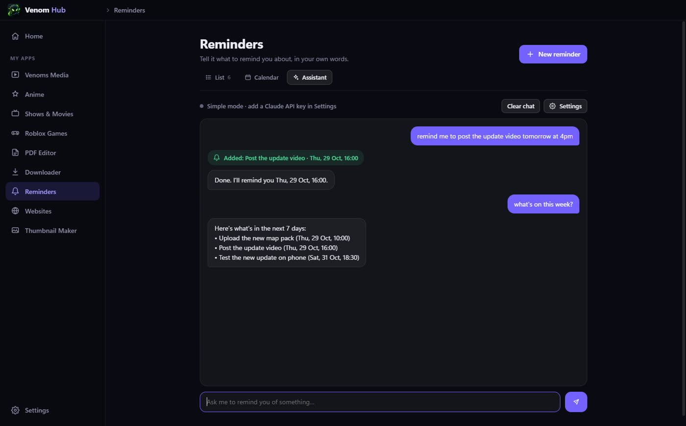 Reminders assistant chat: asking it to set a reminder and to list what is on this week
