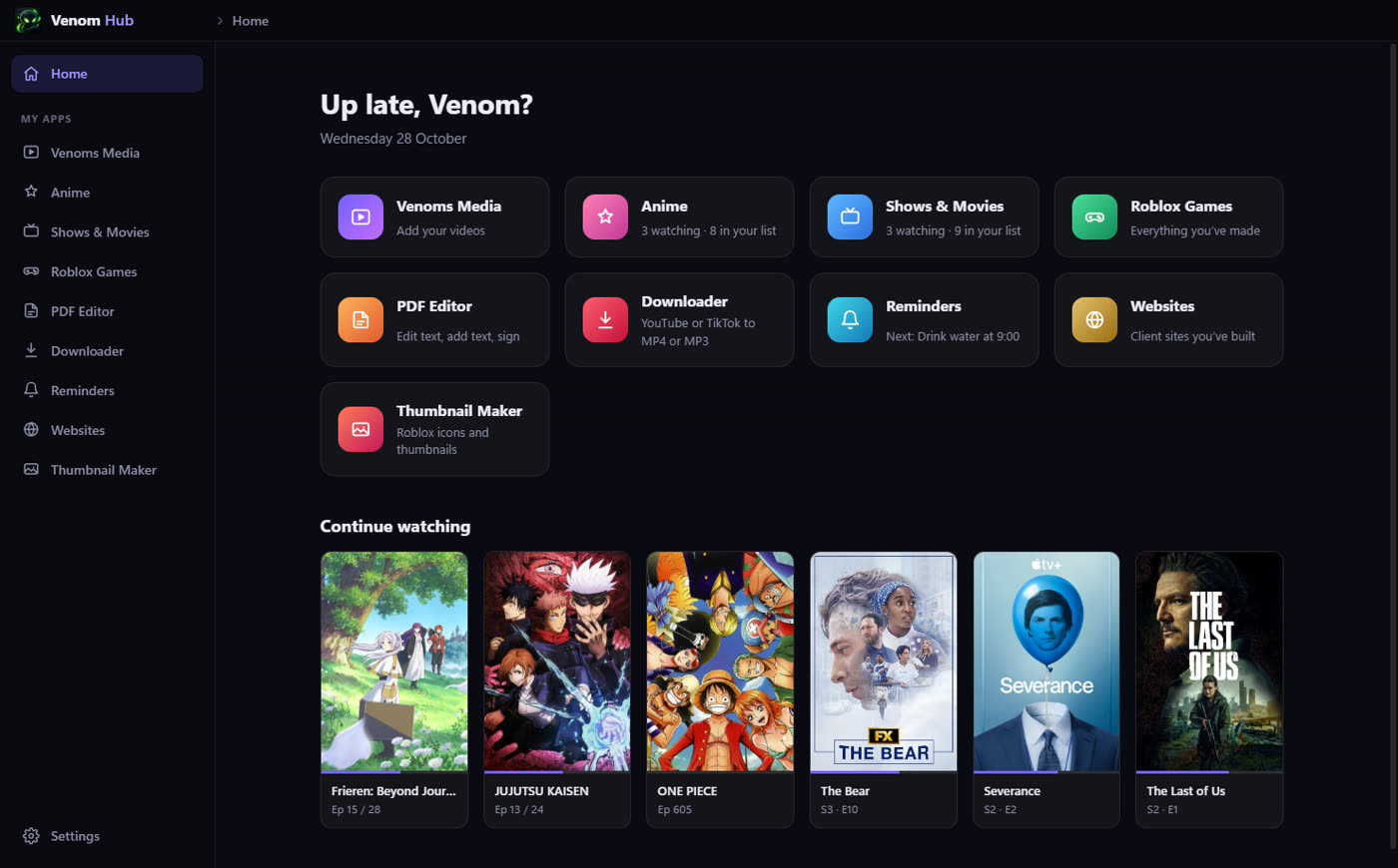Venom Hub's home screen