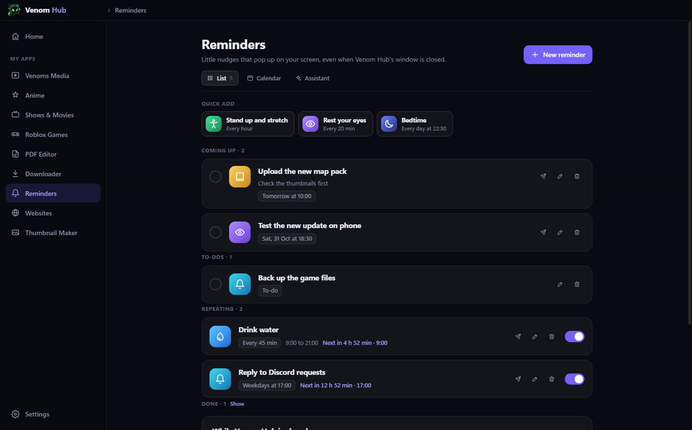 Reminders list: quick add buttons, coming up, to-dos and repeating reminders with on/off switches
