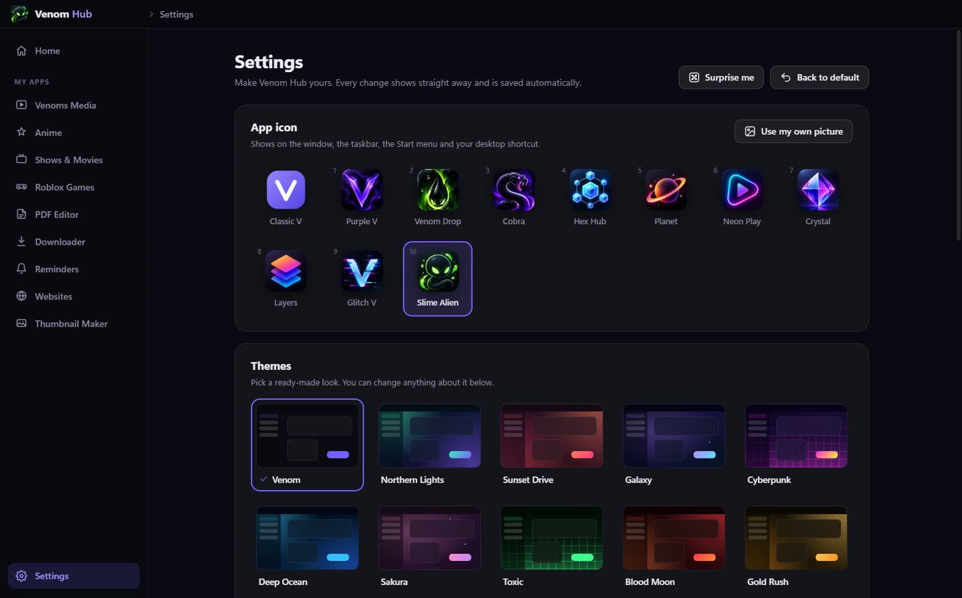 Settings: a grid of app icons and preset theme cards