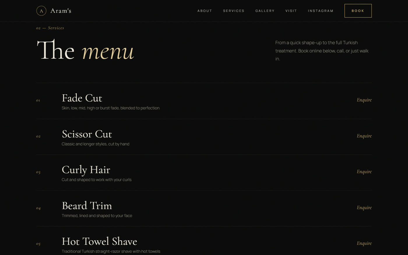 Aram's service menu