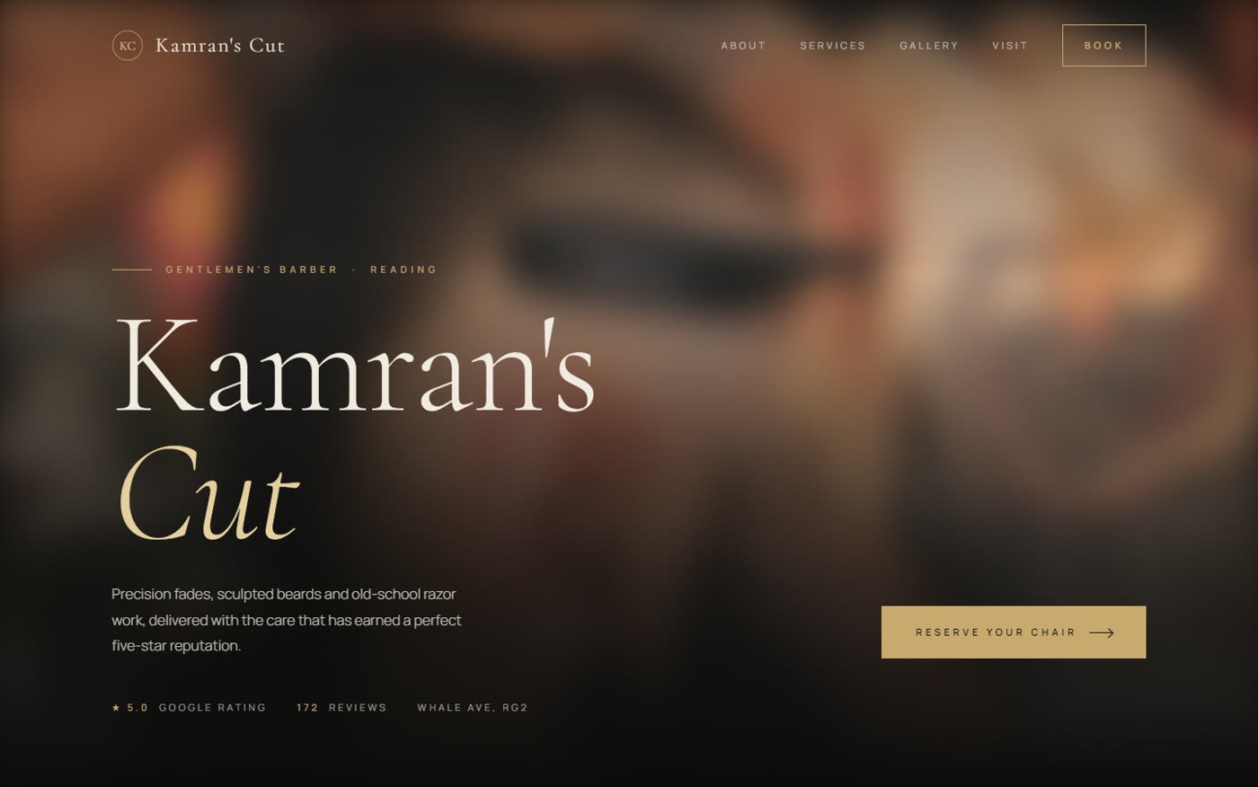 Kamran's Cut concept site on a laptop: hero with a Reserve your chair button